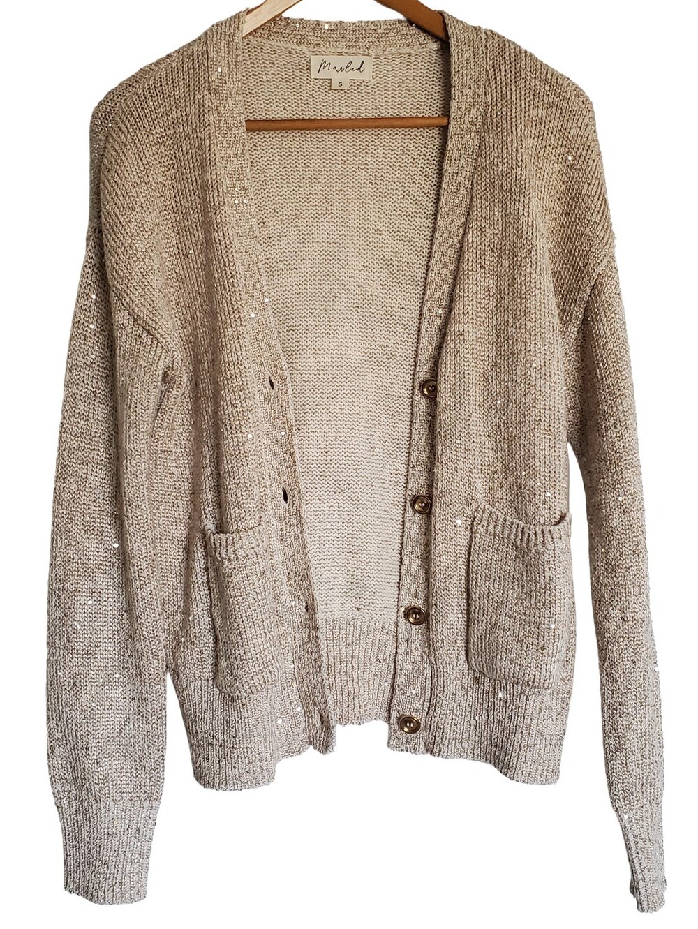 Marled Gold Cream Beige Sequin Button Up Knit Cardigan
